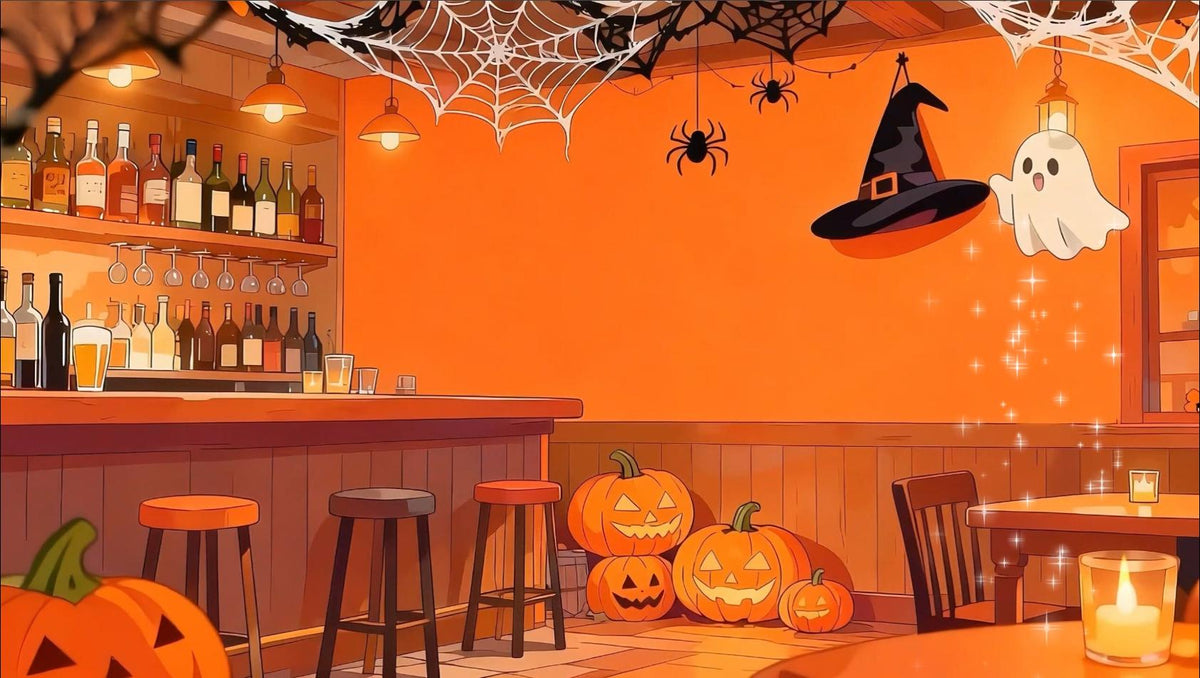 Animated Pumpkin Tavern VTuber Background – Halloween Bar Scene (Loop Video)