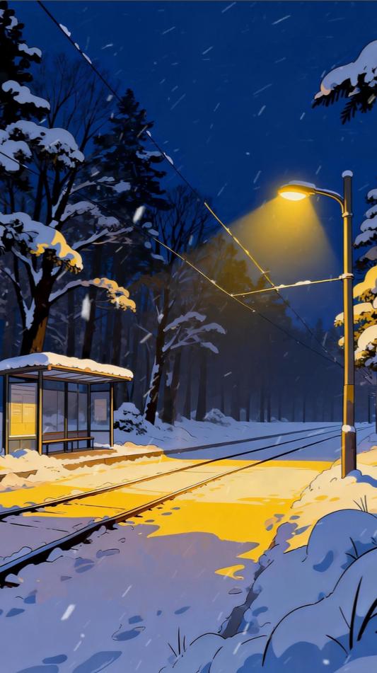 Snowy Night Platform (Vertical) – Animated VTuber Background Set | 1440×2560 Loop Video | Winter / Night / Calm Scene