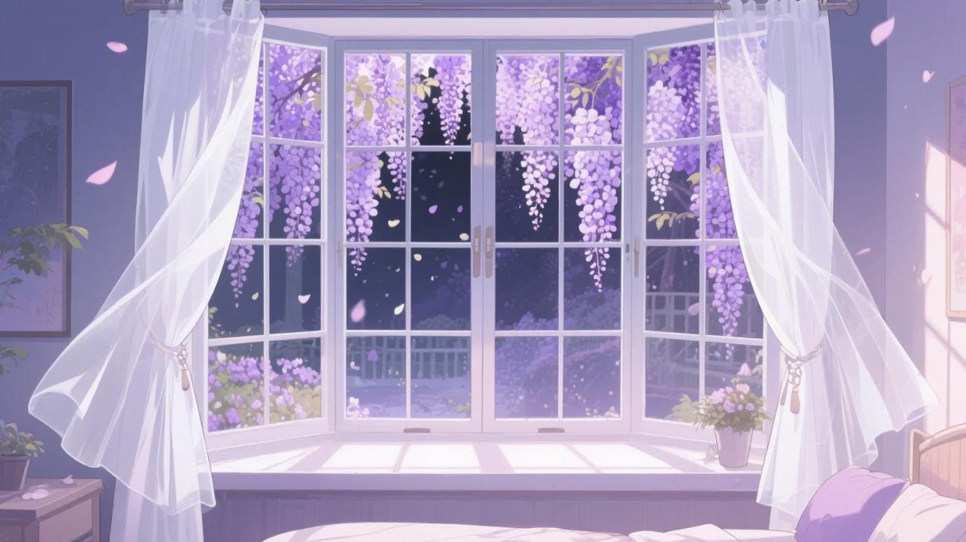 VTuber Animated Background – 4K Night Window with Wisteria | Cozy Anime Room Scene | MP4 Light On & Off Versions for Stream/OBS