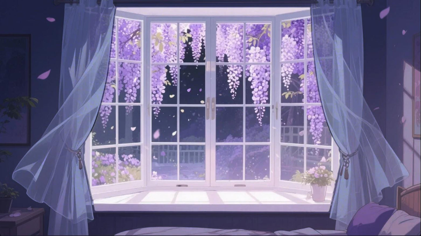 VTuber Animated Background – 4K Night Window with Wisteria | Cozy Anime Room Scene | MP4 Light On & Off Versions for Stream/OBS