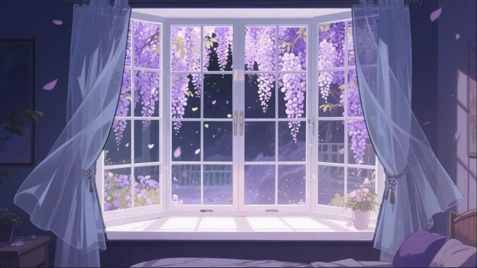 VTuber Animated Background – 4K Night Window with Wisteria | Cozy Anime Room Scene | MP4 Light On & Off Versions for Stream/OBS