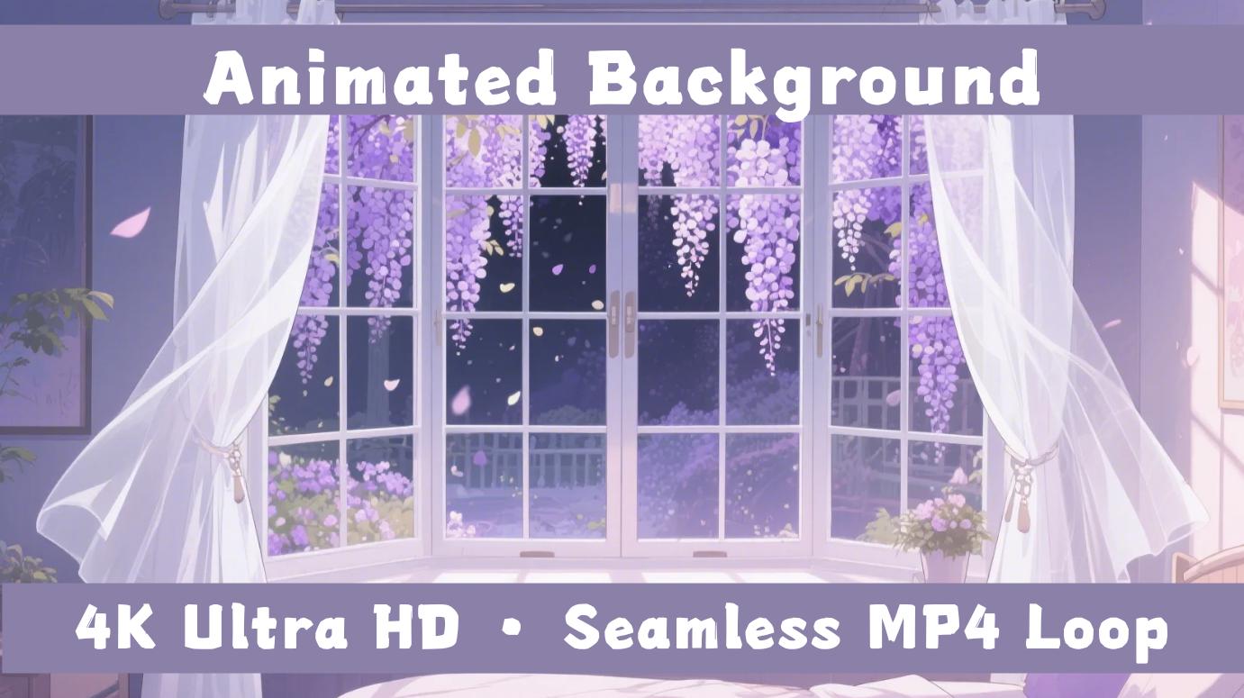 VTuber Animated Background – 4K Night Window with Wisteria | Cozy Anime Room Scene | MP4 Light On & Off Versions for Stream/OBS