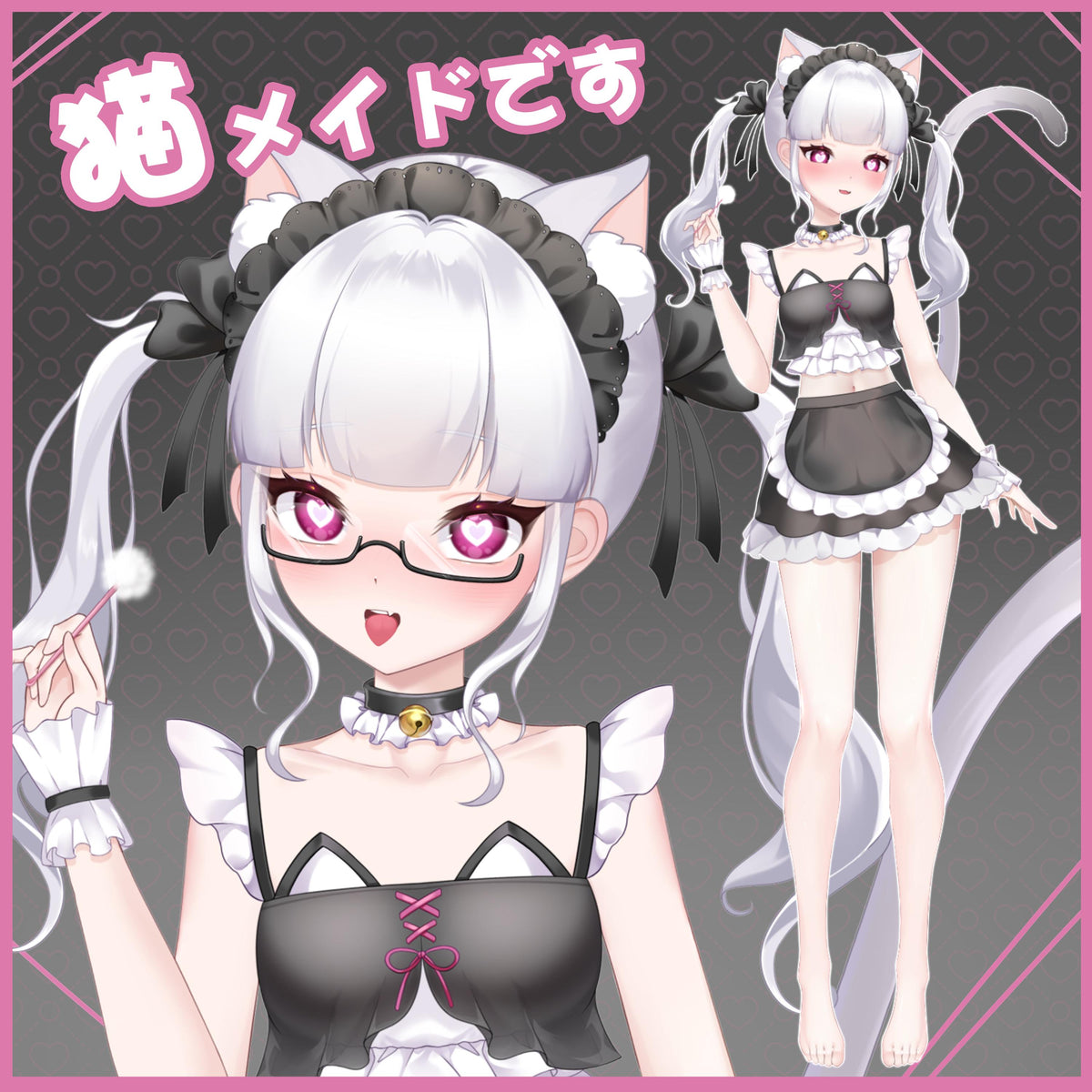 Catgirl Maid Live2D VTuber Model – Silver Twin Tails, Full Body (VTube Studio)