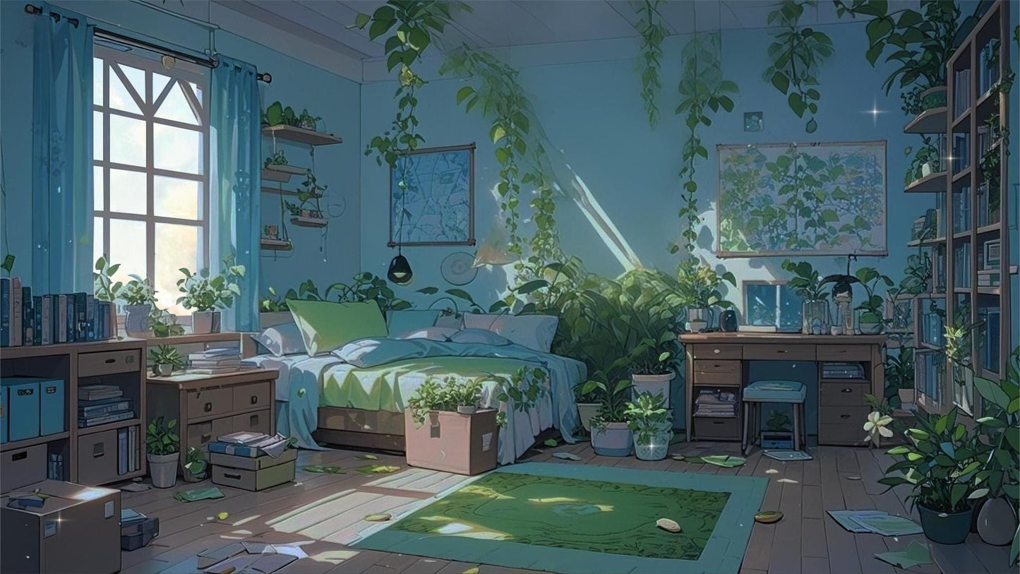 Verdant Slumber – Animated VTuber Room + Free UI | Cozy Green Bedroom with Day & Night Mode