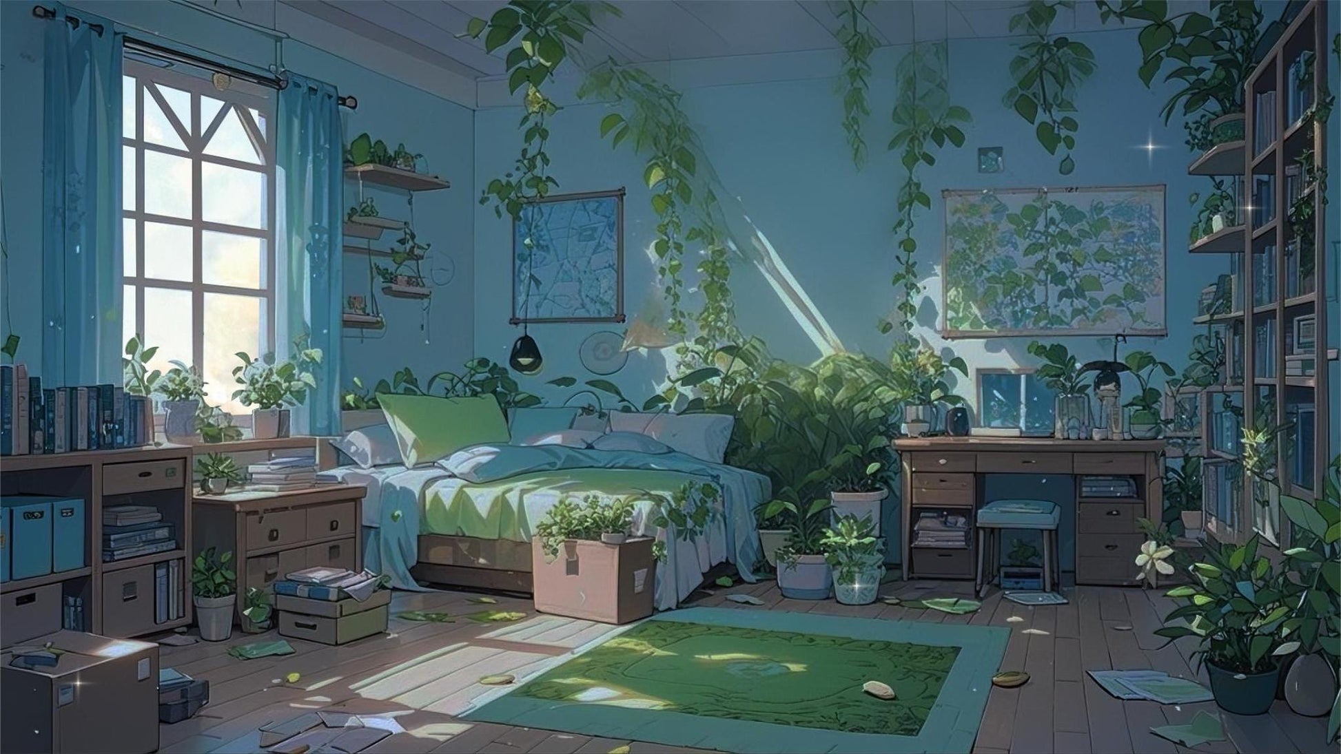 Verdant Slumber – Animated VTuber Room + Free UI | Cozy Green Bedroom with Day & Night Mode