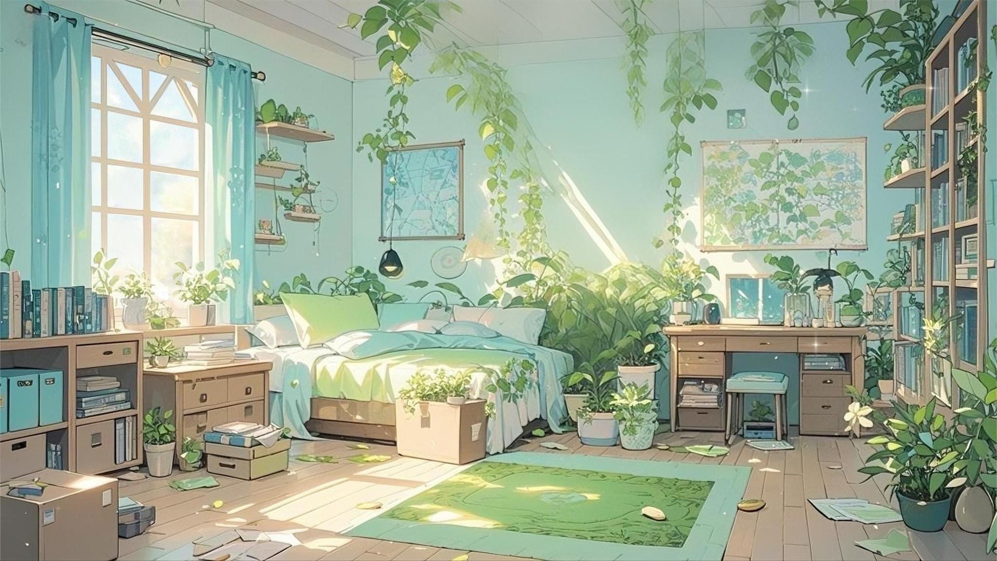 Verdant Slumber – Animated VTuber Room + Free UI | Cozy Green Bedroom with Day & Night Mode