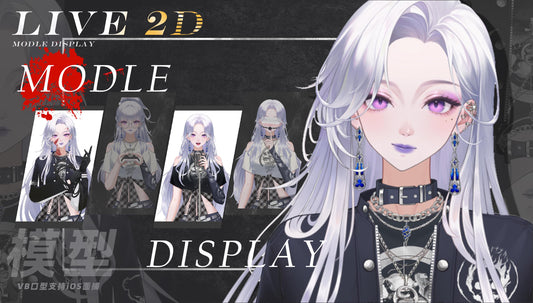 May include: A digital art display featuring a stylized anime character with long white hair and purple eyes. The character is wearing a black jacket, choker, and multiple necklaces. The image includes a 'Live 2D' logo and multiple character model variations. The word 'Modle' is prominently displayed.