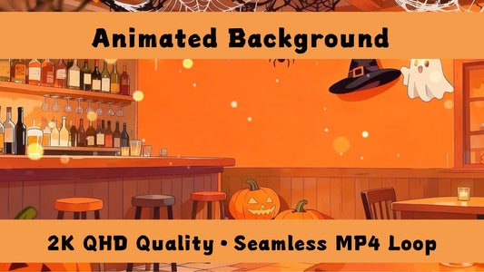 Animated Pumpkin Tavern VTuber Background – Halloween Bar Scene (Loop Video)