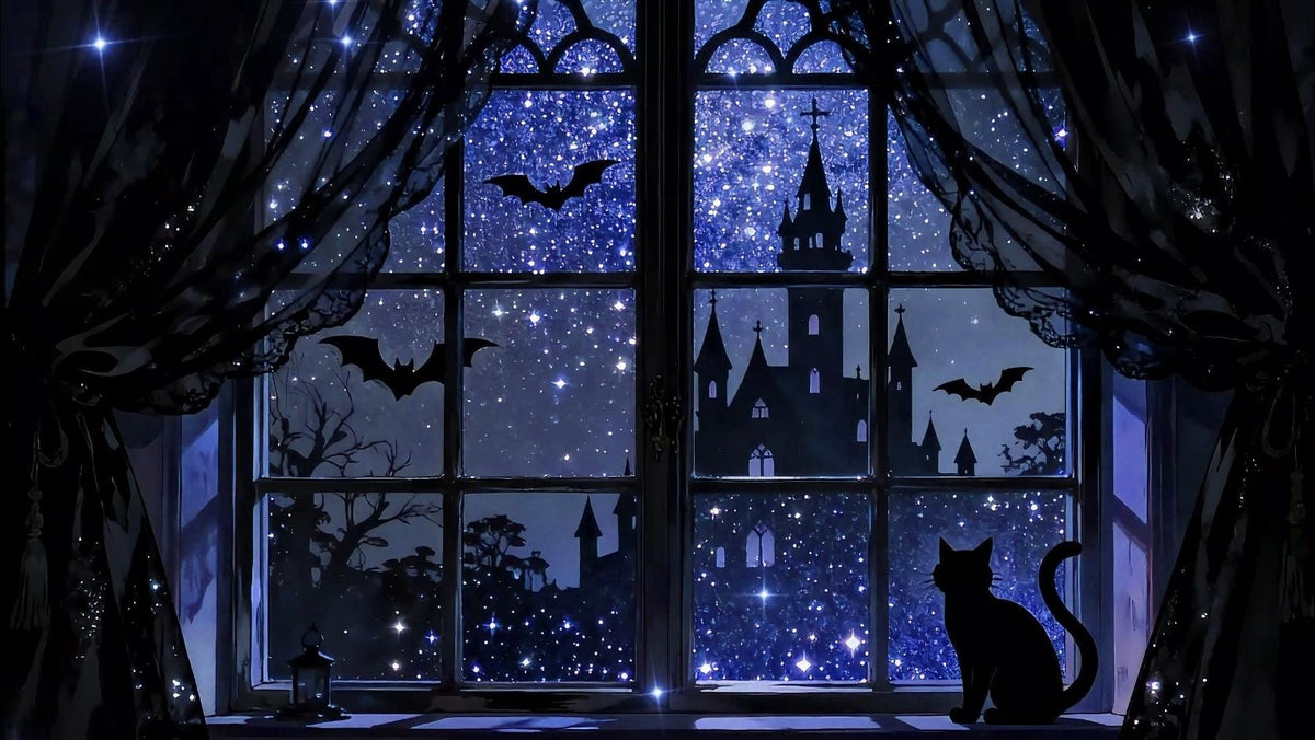 Halloween VTuber Background – Animated Black Cat, Spooky Castle (2560x1440 Loop Video)