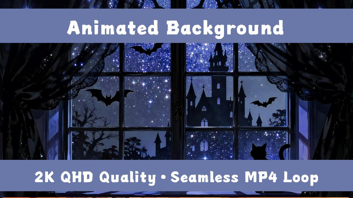 Halloween VTuber Background – Animated Black Cat, Spooky Castle (2560x1440 Loop Video)