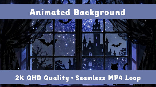 Halloween VTuber Background – Animated Black Cat, Spooky Castle (2560x1440 Loop Video)