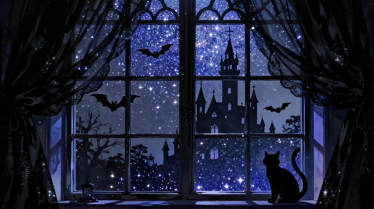 Halloween VTuber Background – Animated Black Cat, Spooky Castle (2560x1440 Loop Video)