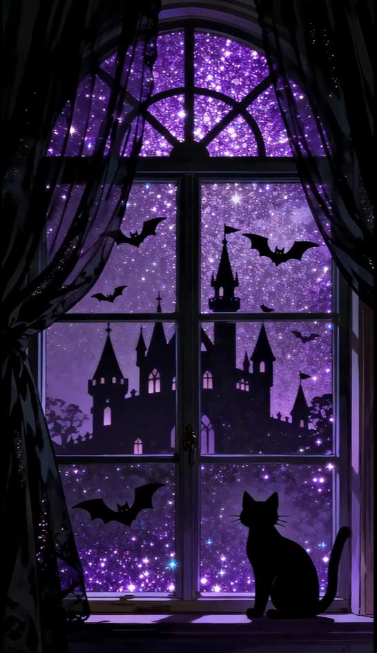 Animated Halloween VTuber Background – Black Cat, Castle Window (Loop Video)