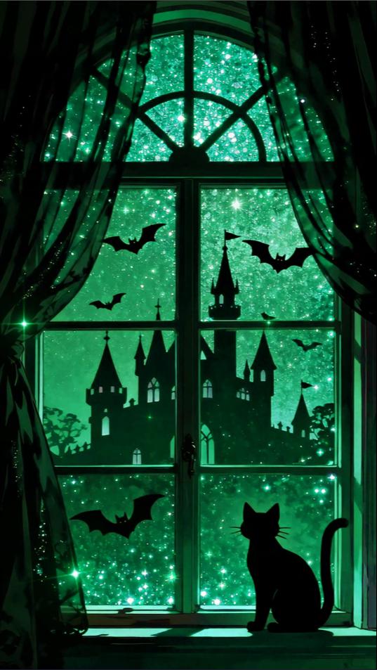 Animated Halloween VTuber Background – Black Cat, Castle Window (Loop Video)