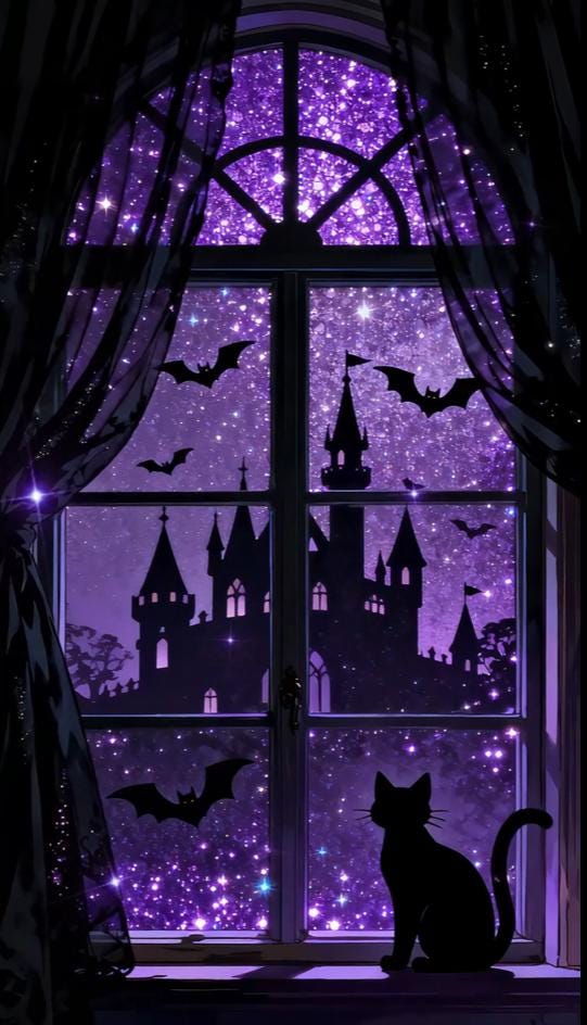 Animated Halloween VTuber Background – Black Cat, Castle Window (Loop Video)