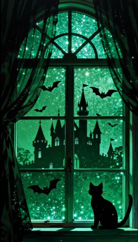 Animated Halloween VTuber Background – Black Cat, Castle Window (Loop Video)