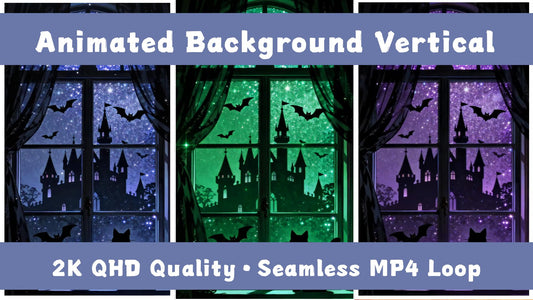 Animated Halloween VTuber Background – Black Cat, Castle Window (Loop Video)