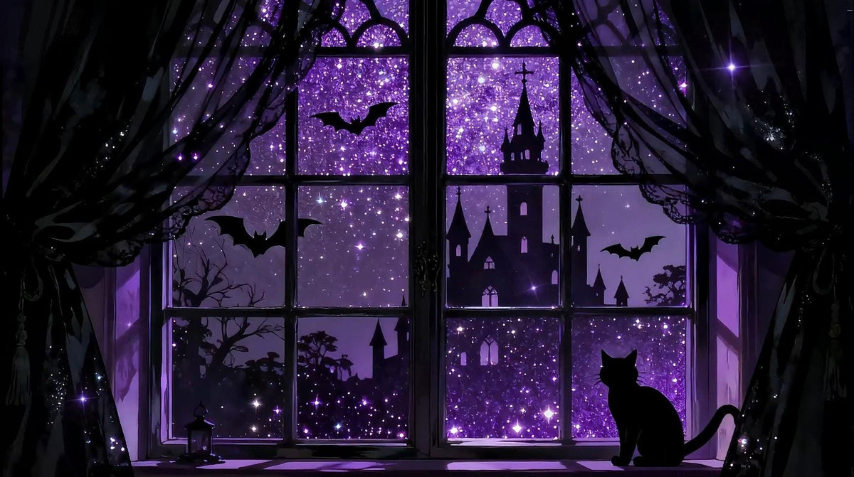 Halloween VTuber Background – Animated Black Cat, Spooky Castle (2560x1440 Loop Video)