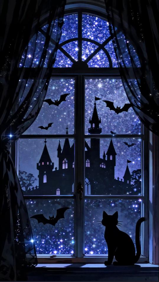 Animated Halloween VTuber Background – Black Cat, Castle Window (Loop Video)