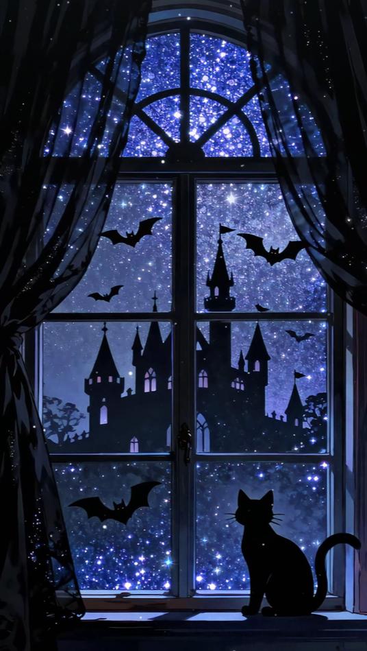 Animated Halloween VTuber Background – Black Cat, Castle Window (Loop Video)