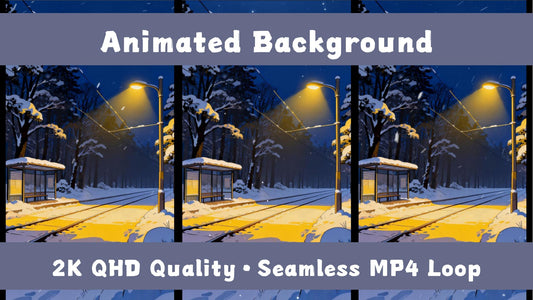 Snowy Night Platform (Vertical) – Animated VTuber Background Set | 1440×2560 Loop Video | Winter / Night / Calm Scene
