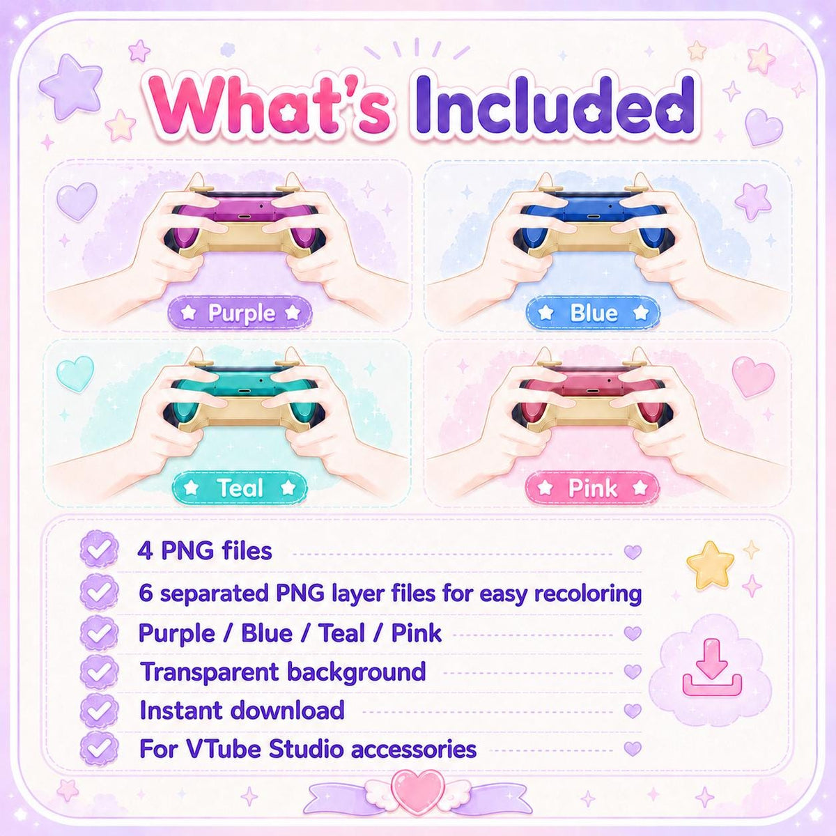 VTube Studio Controller Accessory PNG, Vtuber Gaming Hand Asset, VTS Prop, 4 Color Variations, Separated PNG Parts for Recoloring