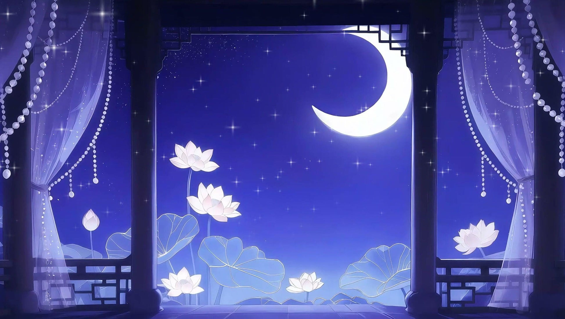 Moonlit Lotus Pavilion – Animated VTuber Background Set | 1440p QHD Loop Videos | Serene / Fantasy / Anime