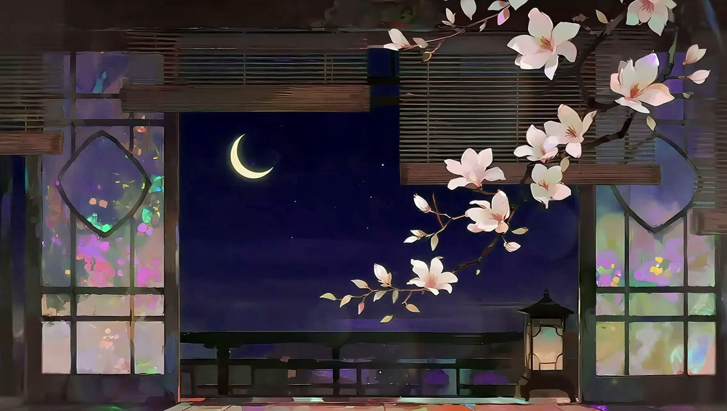 Moonlit Magnolia Balcony – Animated VTuber Background Set | 1440p QHD Loop Videos | Serene / Cozy / Mystical