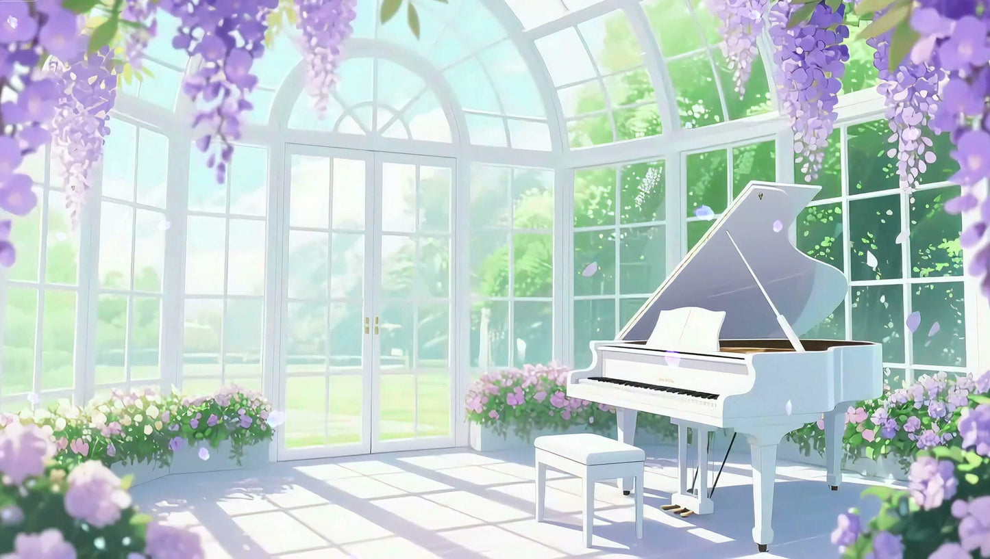 Wisteria Conservatory Animated VTuber Background – Grand Piano, Greenhouse Loop (1440p MP4)