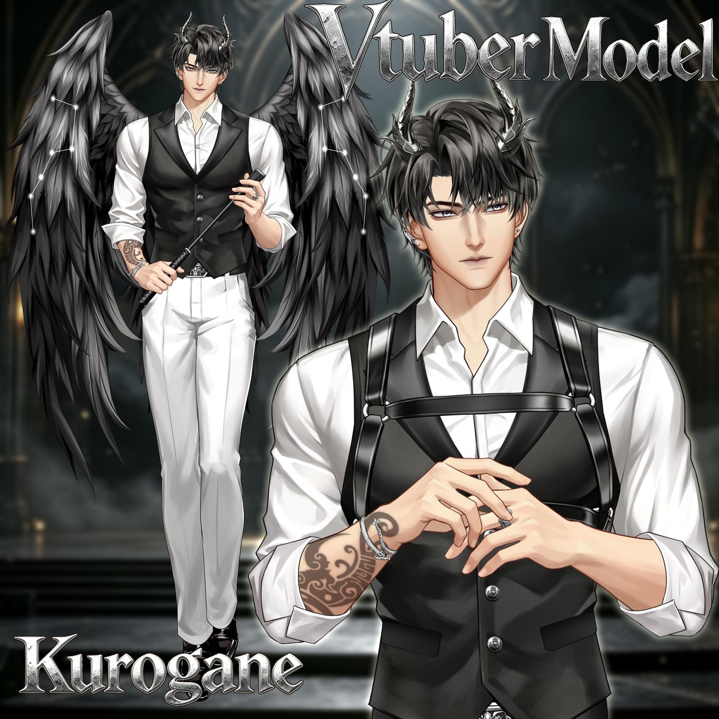 Kurogane – Premade Male VTuber Model | Dark Demon Butler VTuber Avatar | Ready to Use | Full Body | Outfit Toggles