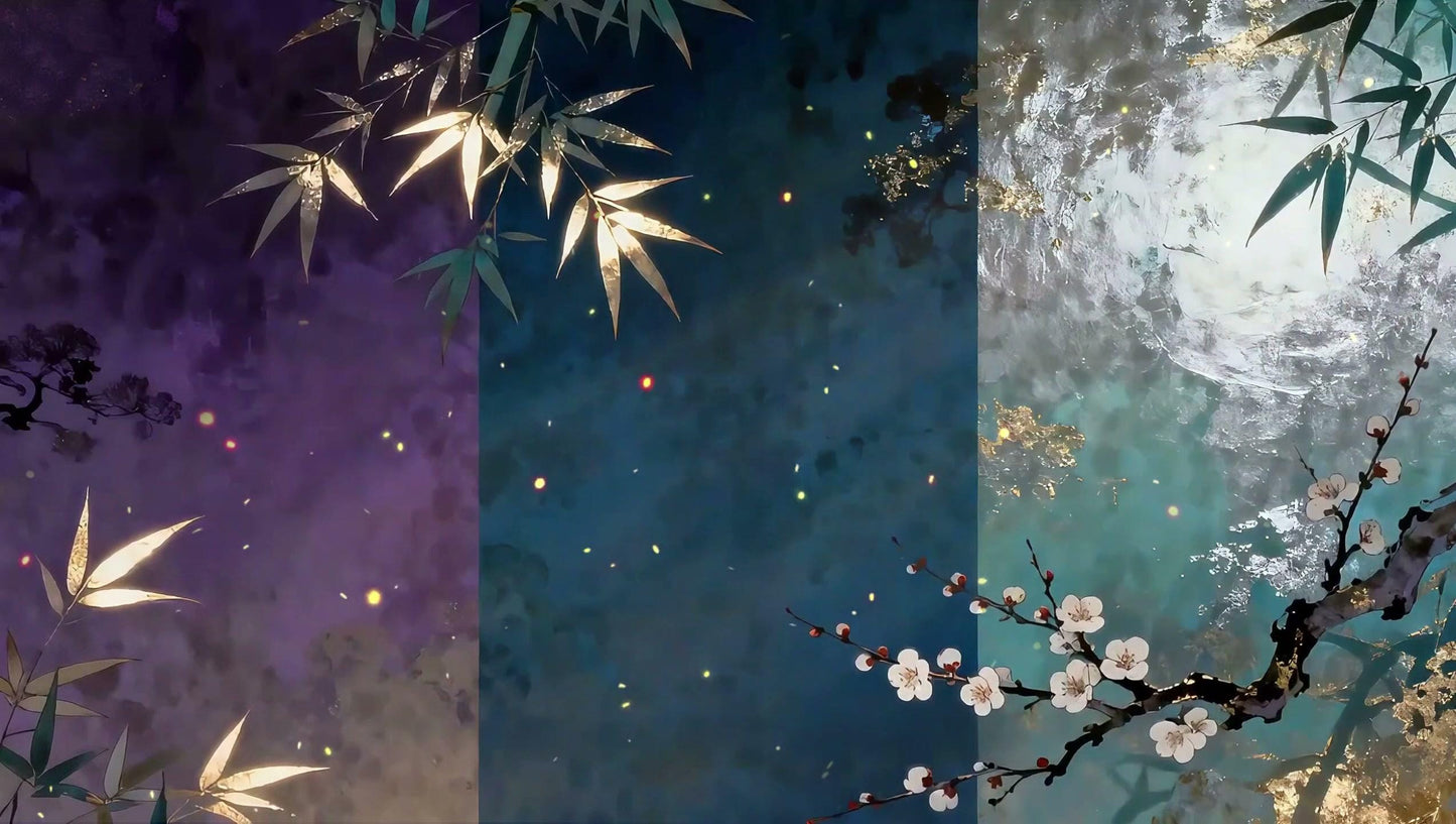 Gilded Bamboo & Plum Blossom – Animated VTuber Background Set | 1440p QHD Loop Videos | Chinoiserie / Artistic / Elegant