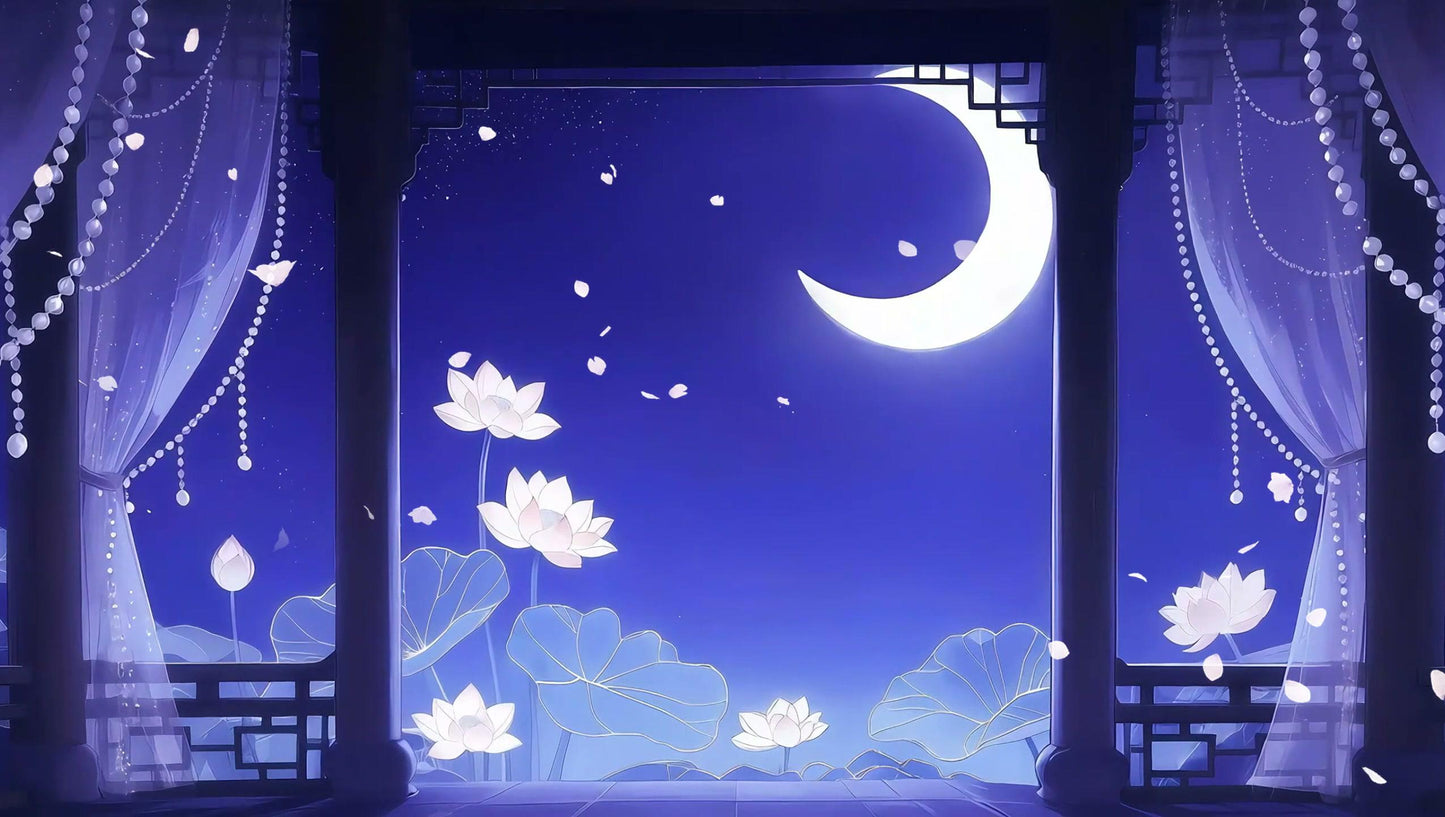 Moonlit Lotus Pavilion – Animated VTuber Background Set | 1440p QHD Loop Videos | Serene / Fantasy / Anime