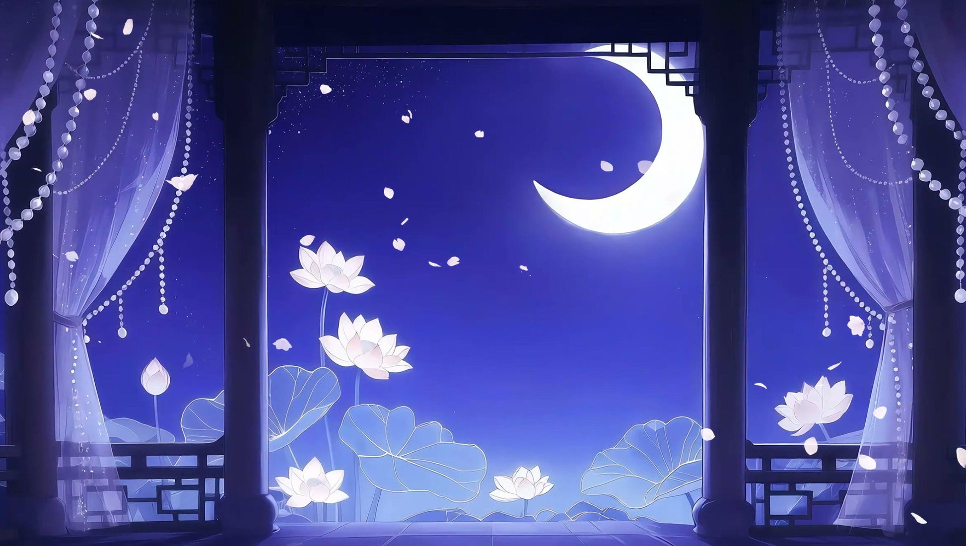 Moonlit Lotus Pavilion – Animated VTuber Background Set | 1440p QHD Loop Videos | Serene / Fantasy / Anime