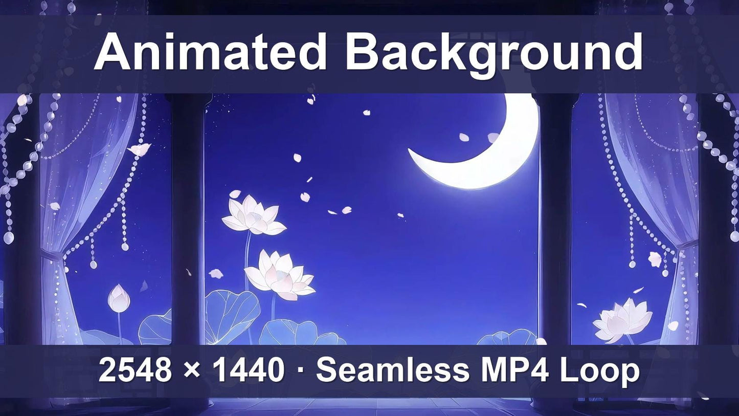 Moonlit Lotus Pavilion – Animated VTuber Background Set | 1440p QHD Loop Videos | Serene / Fantasy / Anime