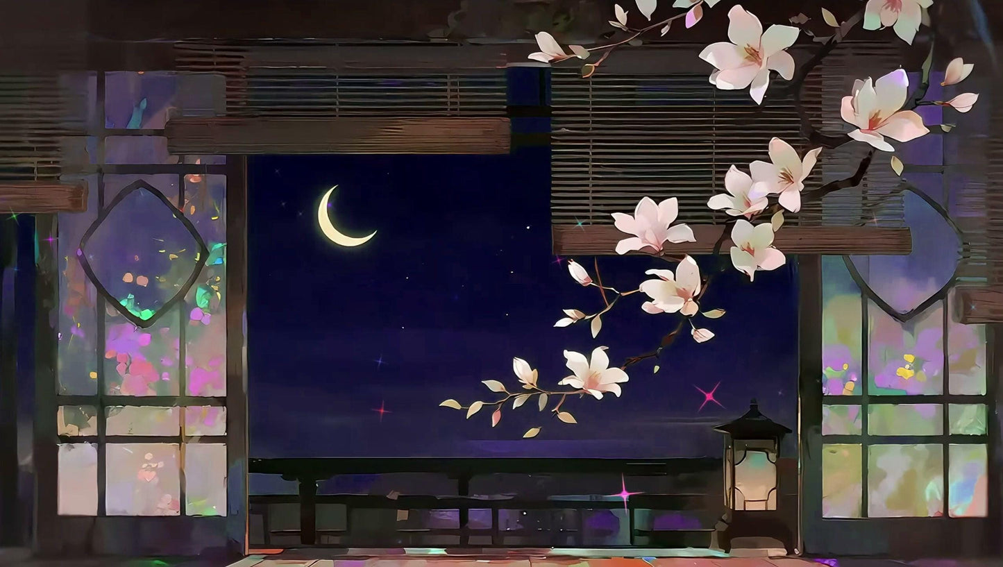 Moonlit Magnolia Balcony – Animated VTuber Background Set | 1440p QHD Loop Videos | Serene / Cozy / Mystical