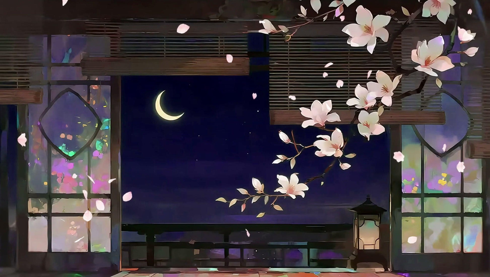 Moonlit Magnolia Balcony – Animated VTuber Background Set | 1440p QHD Loop Videos | Serene / Cozy / Mystical