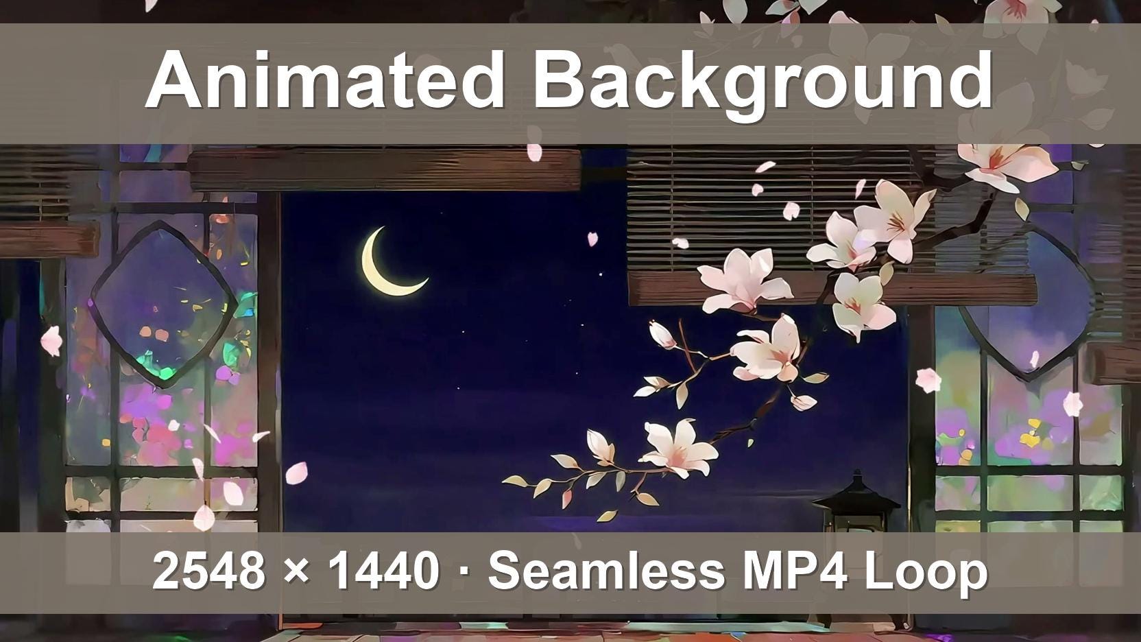Moonlit Magnolia Balcony – Animated VTuber Background Set | 1440p QHD Loop Videos | Serene / Cozy / Mystical