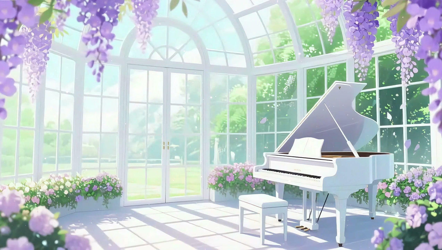 Wisteria Conservatory Animated VTuber Background – Grand Piano, Greenhouse Loop (1440p MP4)