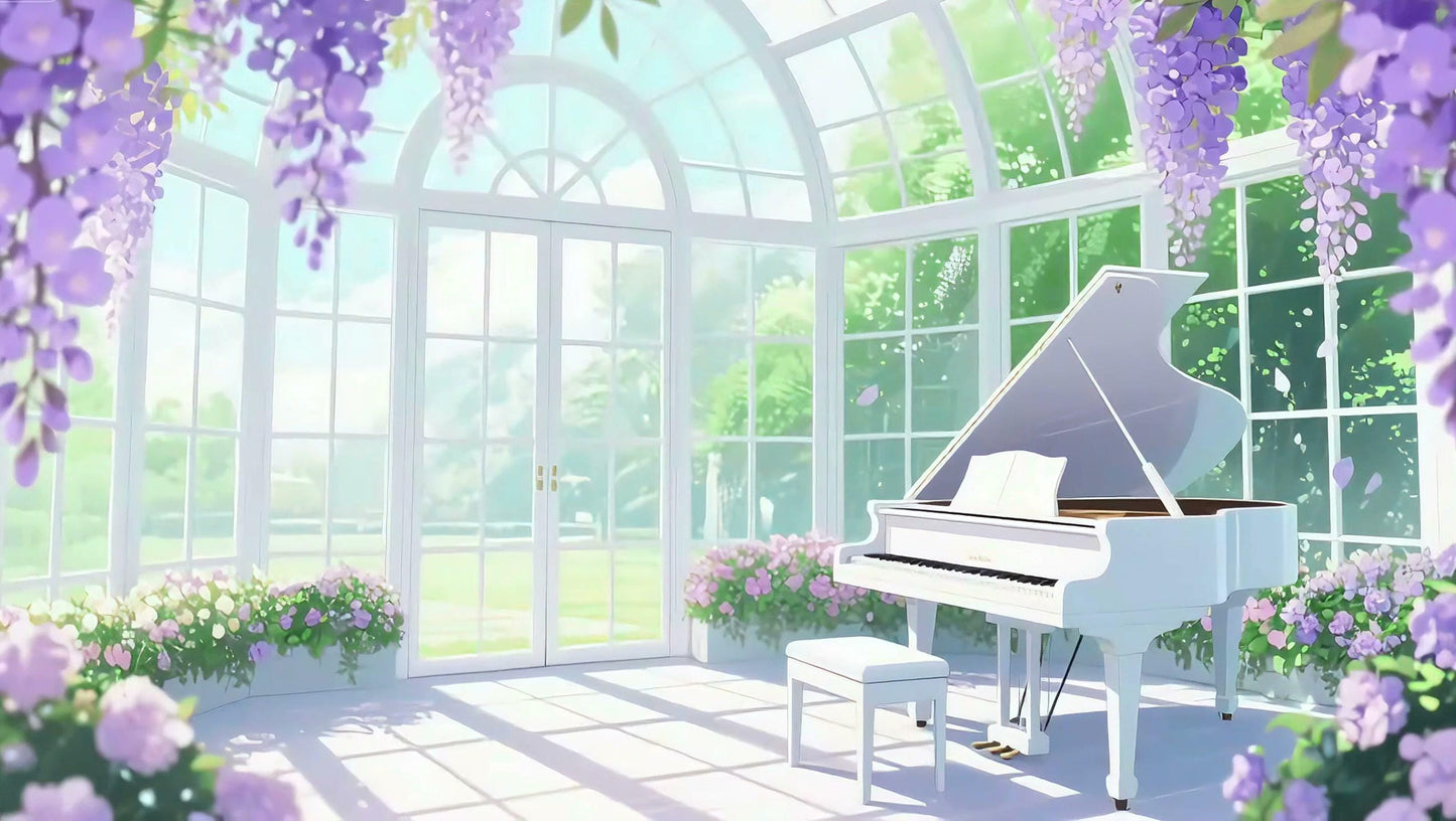 Wisteria Conservatory Animated VTuber Background – Grand Piano, Greenhouse Loop (1440p MP4)