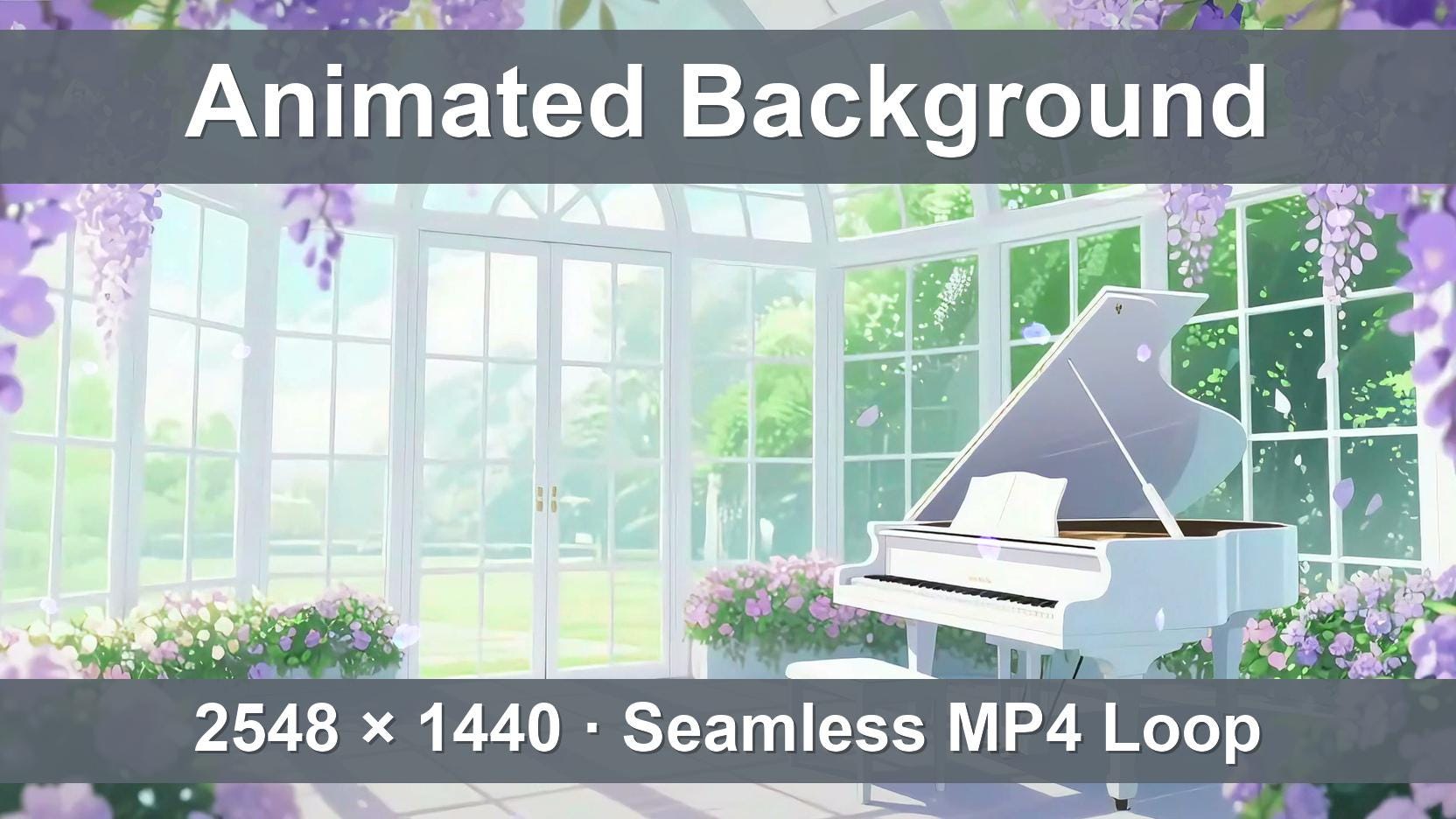 Wisteria Conservatory Animated VTuber Background – Grand Piano, Greenhouse Loop (1440p MP4)