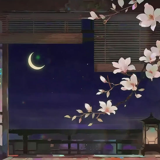 Moonlit Magnolia Balcony – Animated VTuber Background Set | 1440p QHD Loop Videos | Serene / Cozy / Mystical