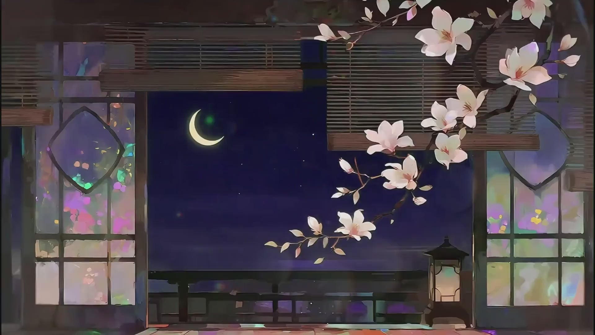 Moonlit Magnolia Balcony – Animated VTuber Background Set | 1440p QHD Loop Videos | Serene / Cozy / Mystical