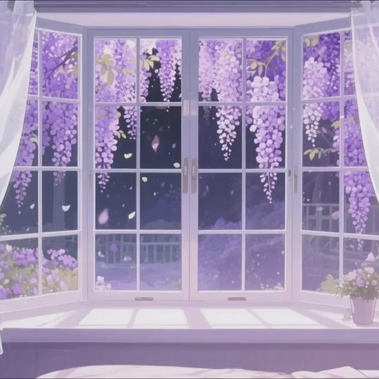 VTuber Animated Background – 4K Night Window with Wisteria | Cozy Anime Room Scene | MP4 Light On & Off Versions for Stream/OBS