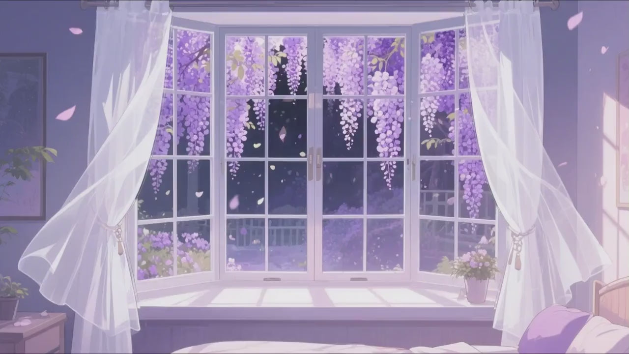 VTuber Animated Background – 4K Night Window with Wisteria | Cozy Anime Room Scene | MP4 Light On & Off Versions for Stream/OBS