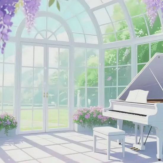 Wisteria Conservatory Animated VTuber Background – Grand Piano, Greenhouse Loop (1440p MP4)