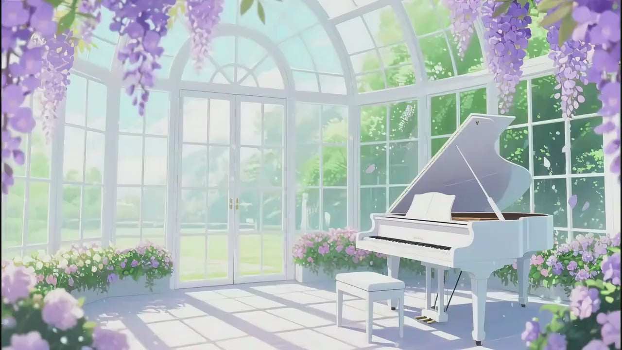 Wisteria Conservatory Animated VTuber Background – Grand Piano, Greenhouse Loop (1440p MP4)