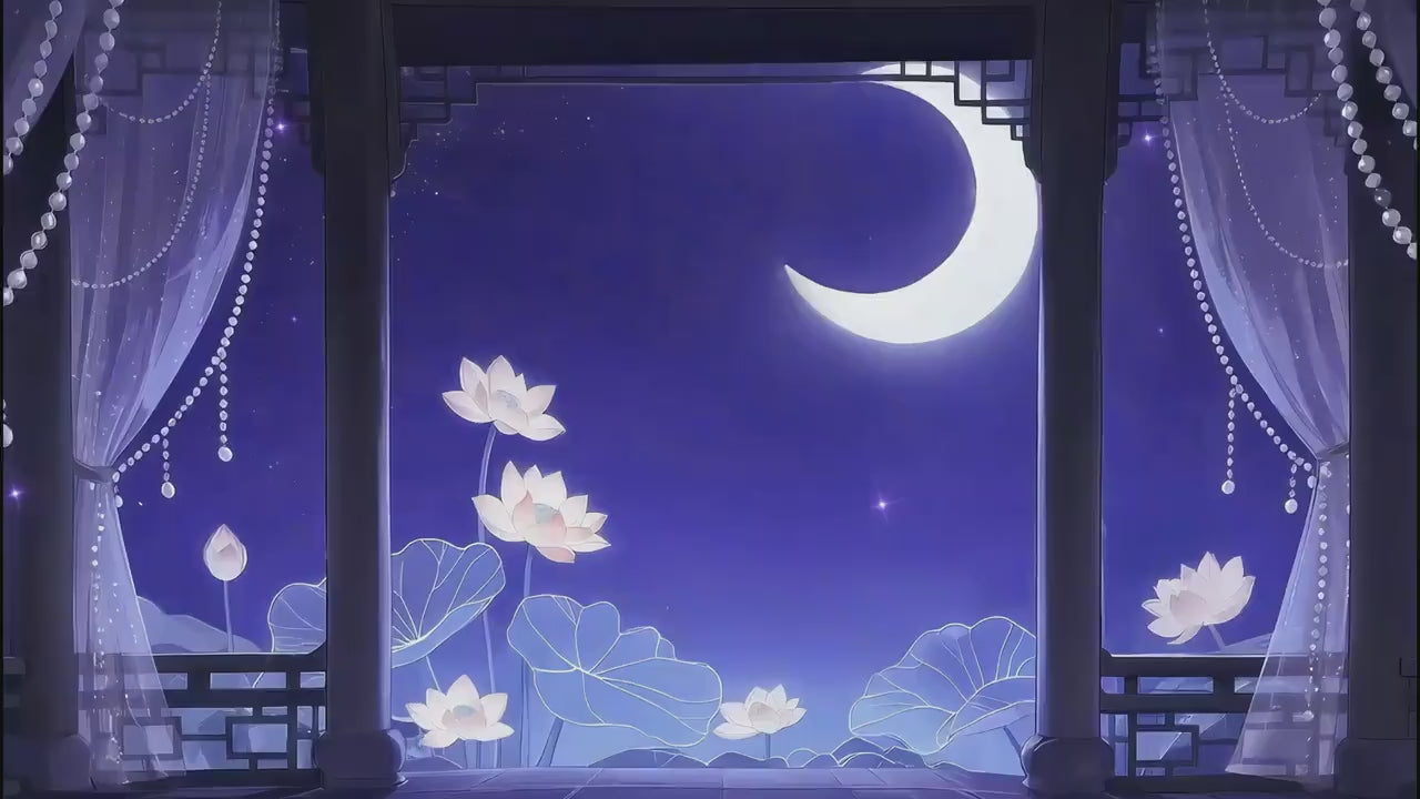 Moonlit Lotus Pavilion – Animated VTuber Background Set | 1440p QHD Loop Videos | Serene / Fantasy / Anime